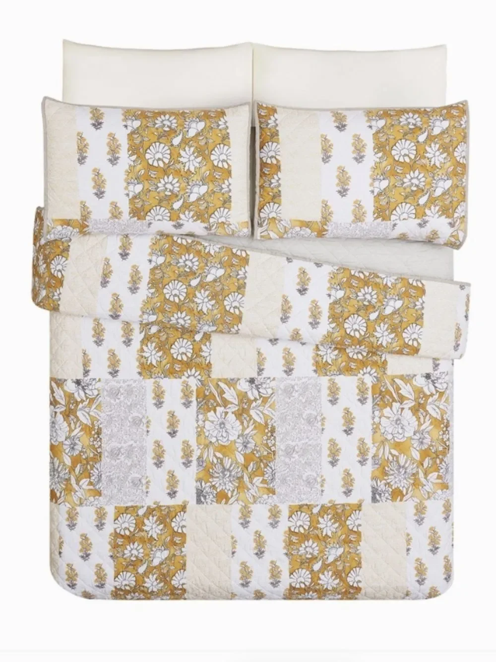 Golden Saffron Patchwork Queen Quilt Set Cottage Floral Shabby Chic